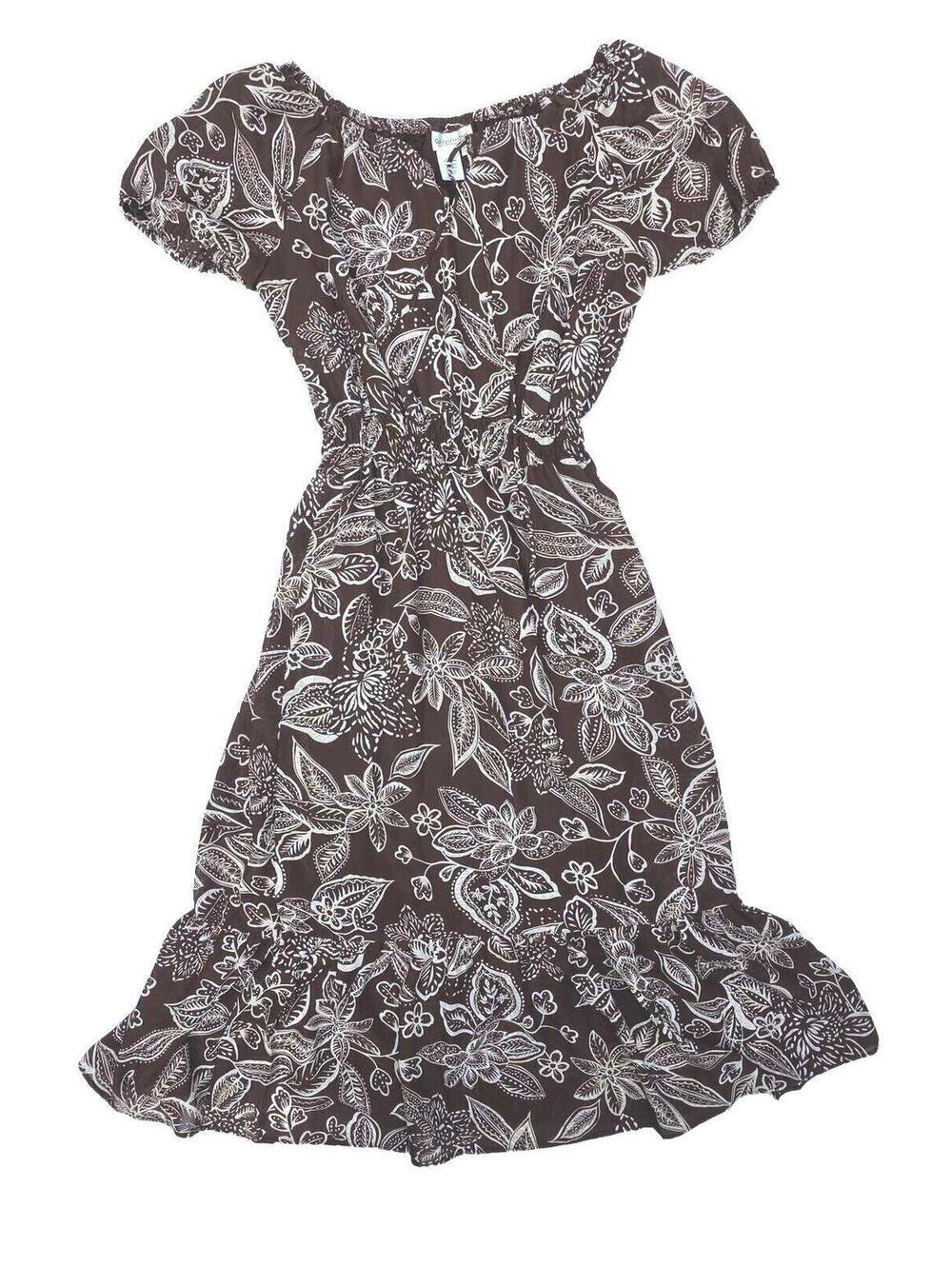 Coldwater Creek Floral Peasant Dress Sz 14- Brown&White Ruffle Hem Summer Midi